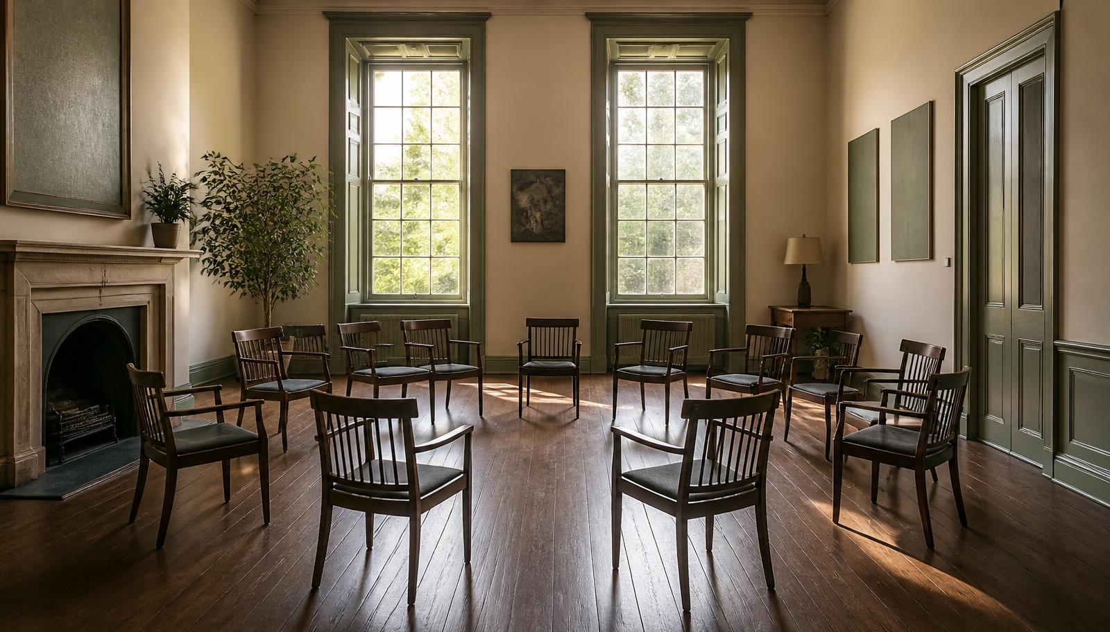 Sala de seminario con sillas dispuestas en semicírculo, sede académica de Epigenética del Ser